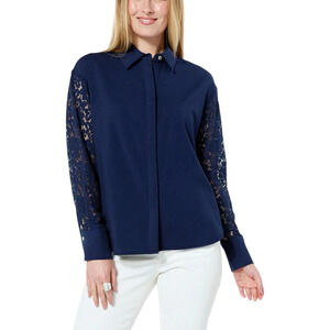 WynneCollection Button-Down Shirt with Lace Sleeves Blue - Regular